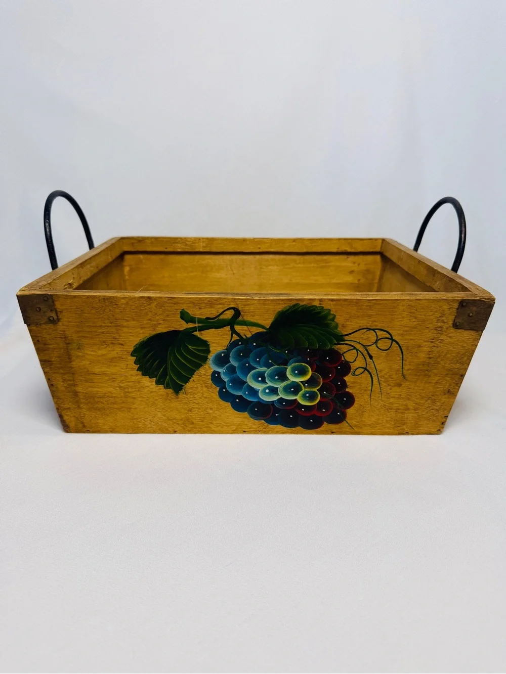 Vintage Hand Painted Wood Basket Grapes Metal Handles Folk Art Country Decor